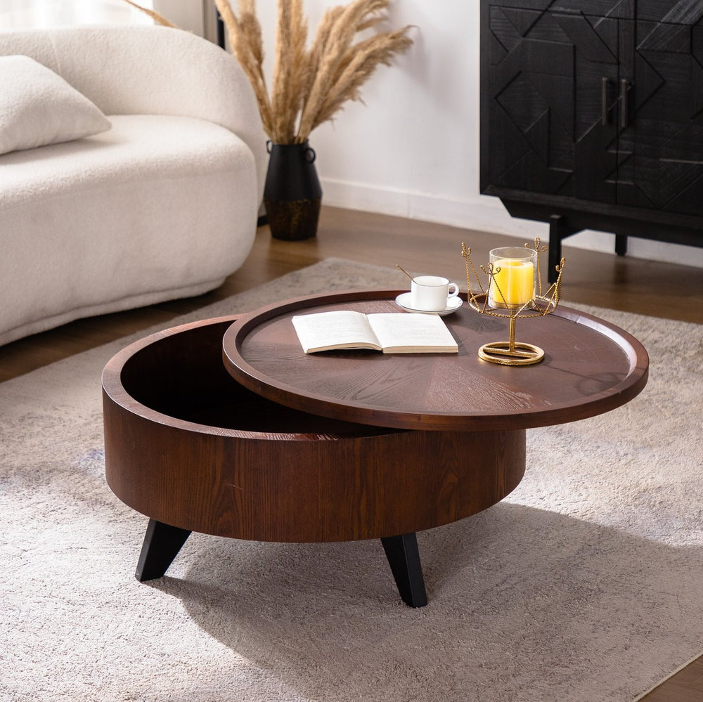 English Elm Round Solid Wood Drum Coffee Table with Hidden Storage Removable Top, Modern Natural Veneer Elegance W3158P355676