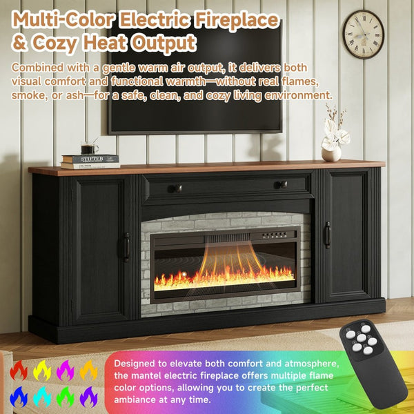 English Elm On-trend Farmhouse Electric Fireplace Console Walnut Veneer Media Cabinet for Living Room Black N721S000069B