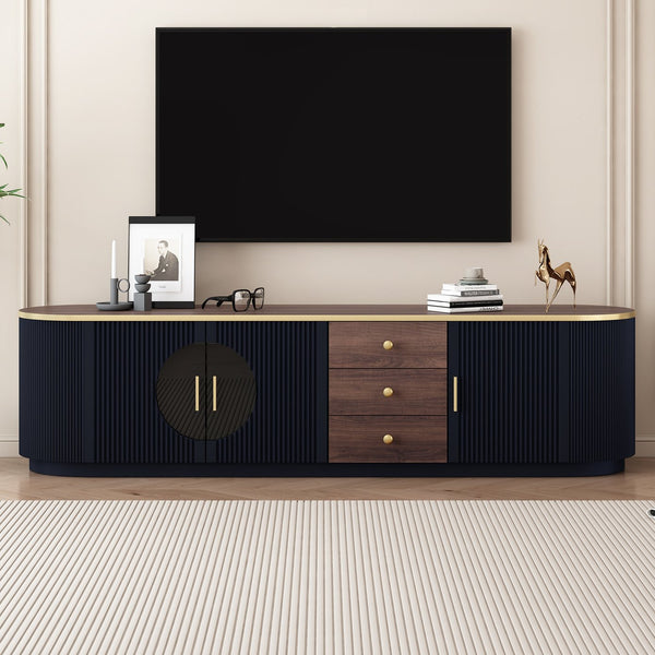 English Elm VIBE Elegant 70.8" Modern TV Stand with Gold Accents, Glass Cabinets, 3 Drawers & Cable Management Black SJ000131AAB