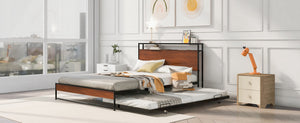 English Elm Queen Steel Platform Bed with Trundle Headboard Shelves and Built-in Usb Charging N708P477431B
