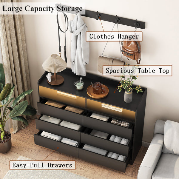 English Elm Living Room Sideboard Storage Cabinet Black with 6 Drawers, RGB Light Strip, Sturdy MDF Design W1321P288794