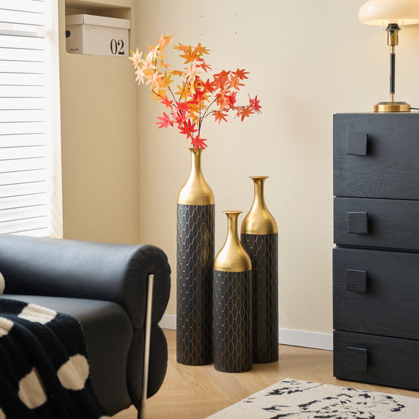 English Elm Black Black and Gold Metal Vase Set of 3 Tall Cylinder Floor Vases – Glam Textured Wedding & Home Décor W2796P278078