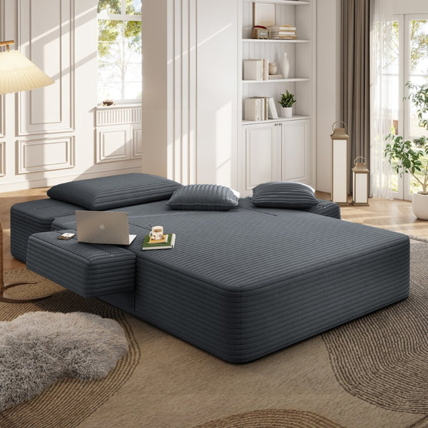 English Elm Luxurious Corduroy Convertible Chaise Lounge Sofa Bed with Foam Support for Apartments Dark Gray W3219P449014