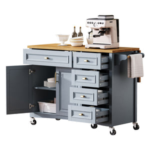 English Elm K&k Farmhouse Rolling Kitchen Island Oak Veneer Top with Drop Leaf and Storage Drawers Blue+Grey N707S195393G