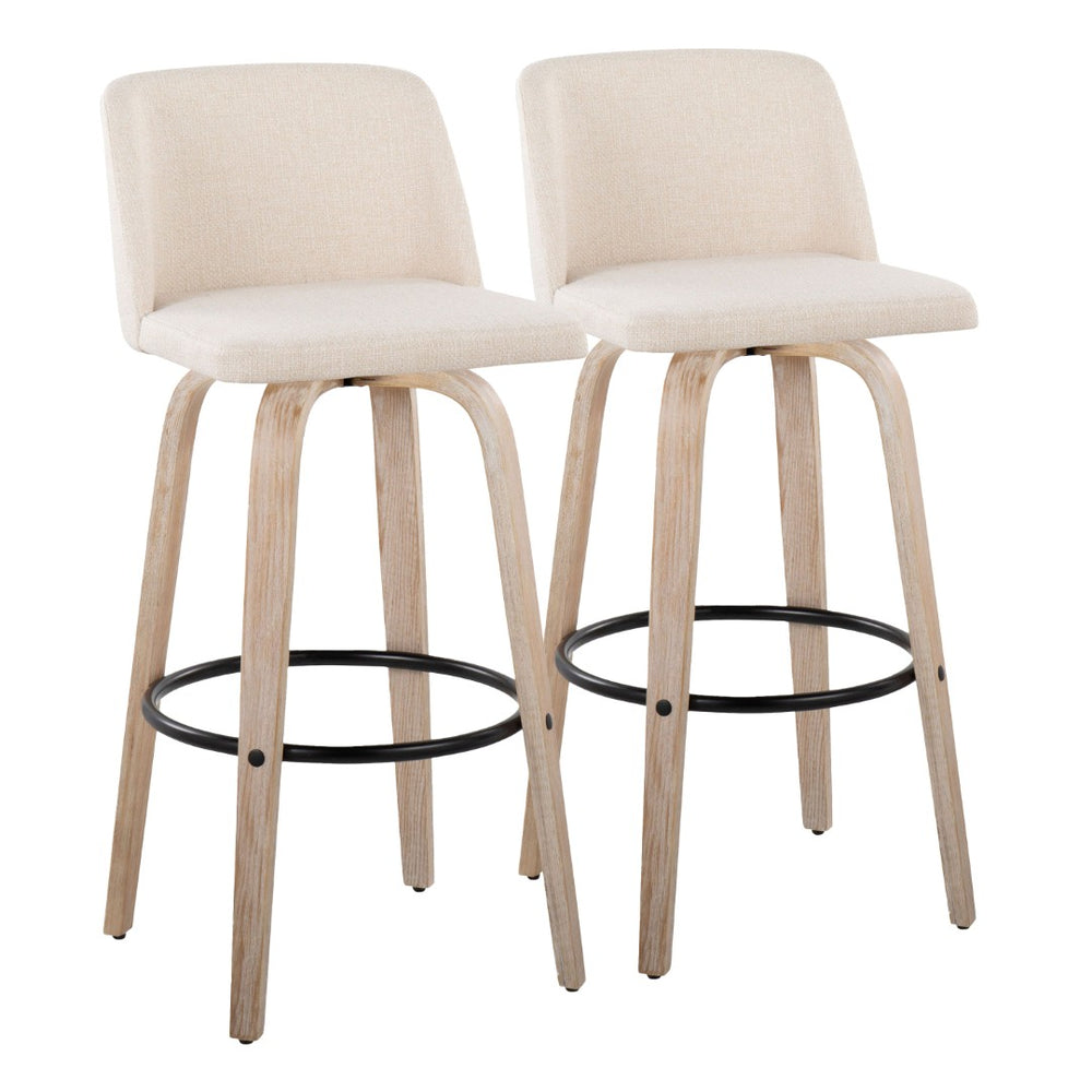English Elm Toriano 30" Mid-Century Modern Barstool Set Of 2 In White-Washed Wood & Cream Fabric For Stylish Comfort B202S00684-GIGA