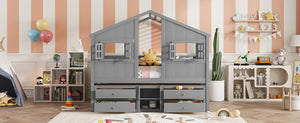 English Elm Full Size House Loft Bed With Roof & Windows, 4 Storage Drawers, Safe Pine Frame In Grey Finish W504S00241