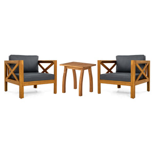 English Elm Christopher Knight Home® - Patio Conversation Set - 3-Piece Outdoor Acacia Wood Chairs & End Table With Dark Grey Cushions N770P264304G_57501.00ACA