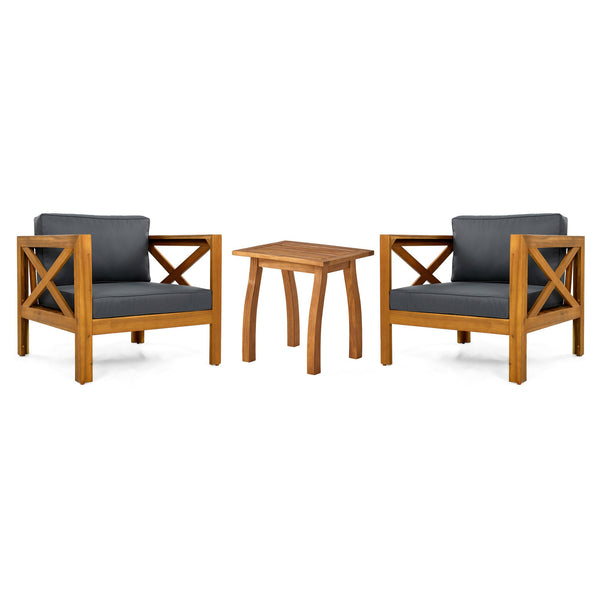 English Elm Christopher Knight Home® - Patio Conversation Set - 3-Piece Outdoor Acacia Wood Chairs & End Table With Dark Grey Cushions N770P264304G_57501.00ACA