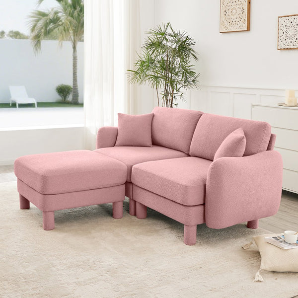 English Elm Boucle Loveseat Sofa With Shell-Shaped Armrests, Removable Ottoman, And Cylindrical Legs In Pink W3041S00291