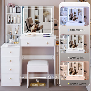 English Elm 37" Stylish Vanity Table Set With Cushioned Stool, Led Mirror, Usb Ports & Hair Dryer Stand - Perfect For Modern Bedrooms! W936P224319