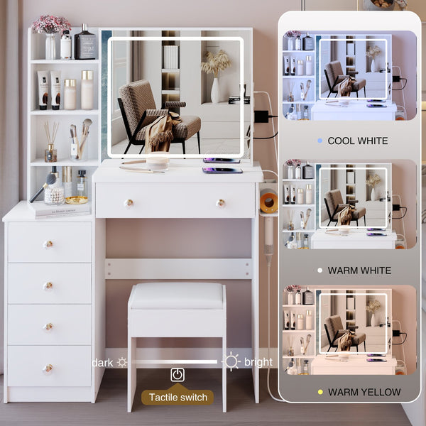 English Elm 37" Stylish Vanity Table Set With Cushioned Stool, Led Mirror, Usb Ports & Hair Dryer Stand - Perfect For Modern Bedrooms! W936P224319