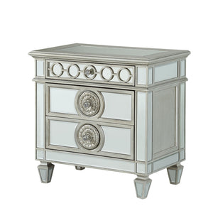 English Elm Glam Mirrored Nightstand with 2 Drawers and Crystal Knobs, Tapered Legs and Geometric Accents — Elegant Bedroom Storage Clear 22 L x 35 W x 29 H B2741P324362