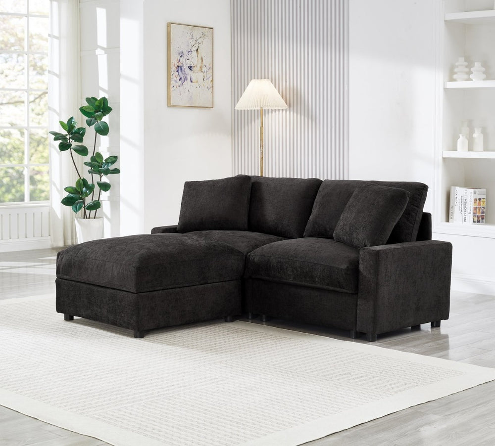 English Elm 72.05" L-shaped Sectional Sofa Cloud Cushion Polyester with Storage Ottoman Small Space Black W1669S00053