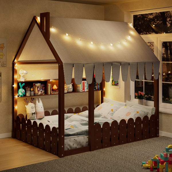 Twin Size Kids Montessori House Bed, Floor Design with Fence, Tent, Lights & 3 Shelves, Espresso