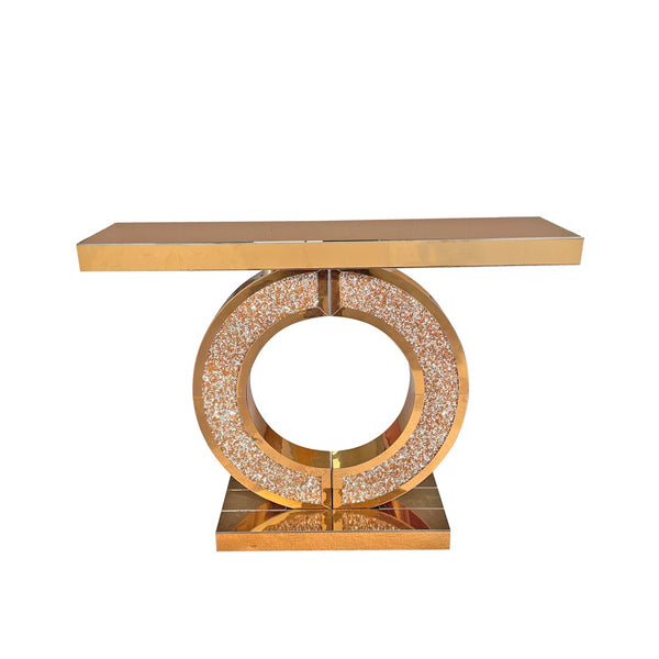 English Elm Mirrored Console Table with Diamond Inlay Double O Base Glam Entryway Accent Brown W3836P420881