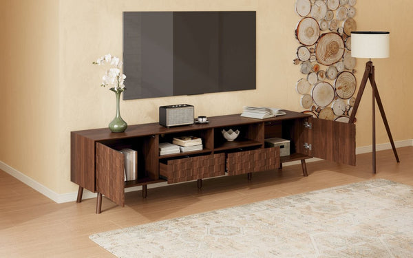 English Elm 78 Inch Walnut Entertainment Center Fluted Doors Solid Wood Legs for Living Room N710P372591P
