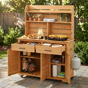 English Elm (assembly Video) Topmax Solid Fir Outdoor Potting Bench Grill Cart with Hutch Storage Natural Wood N717P404333A