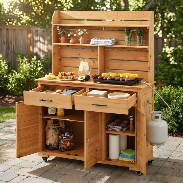 English Elm (assembly Video) Topmax Solid Fir Outdoor Potting Bench Grill Cart with Hutch Storage Natural Wood N717P404333A