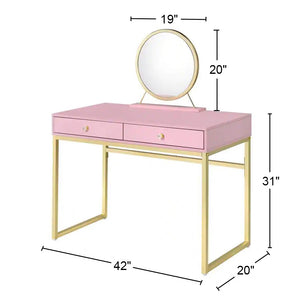 English Elm 2 Drawers Vanity Desk With Mirror & Jewelry Tray - Chic Pink & Gold Design For Elegant Spaces B016P317466