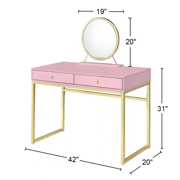 English Elm 2 Drawers Vanity Desk With Mirror & Jewelry Tray - Chic Pink & Gold Design For Elegant Spaces B016P317466