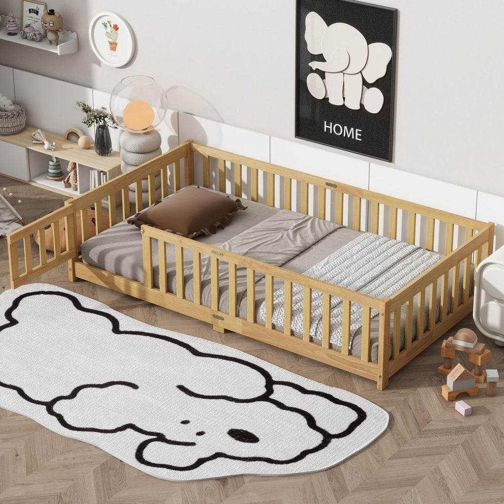 English Elm Twin Rubberwood Montessori Floor Bed with Safety Guardrails for Toddler Bedrooms W504P370521