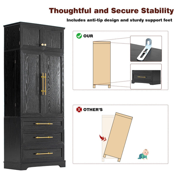 English Elm K&k Farmhouse Pantry Cabinet Tall Freestanding Kitchen Storage with Drawers Shelves Black N707P356569B