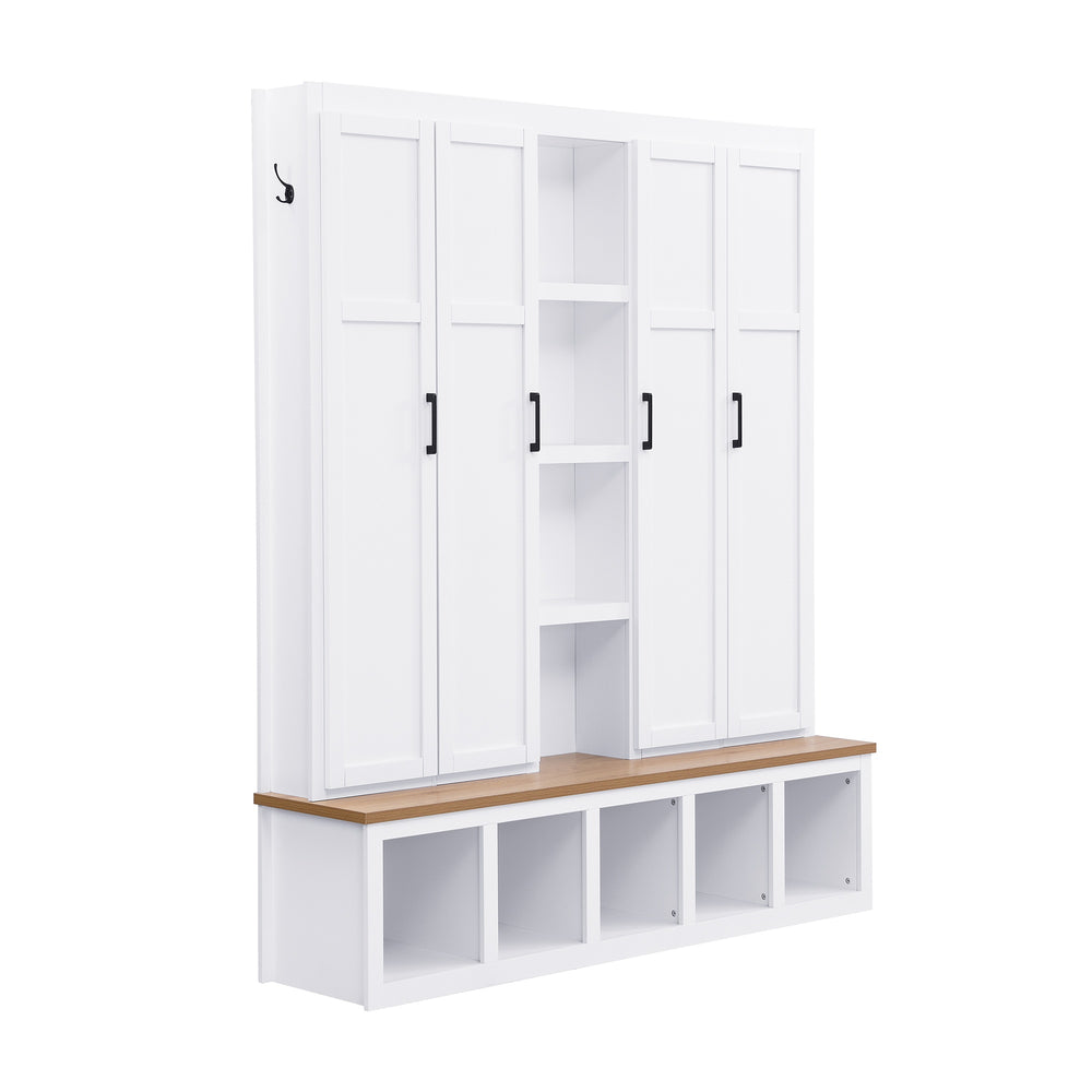 English Elm Hall Tree farmhouse entryway organizer with bench, hooks, cabinets and shoe storage, durable MDF design White N721P286079K