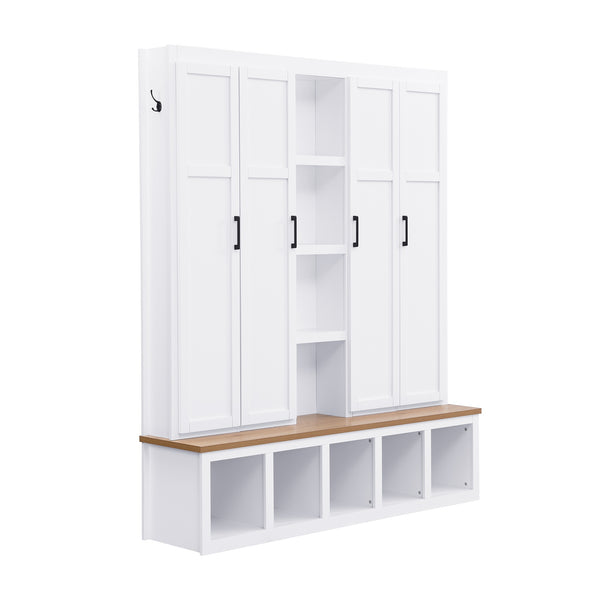 English Elm Hall Tree farmhouse entryway organizer with bench, hooks, cabinets and shoe storage, durable MDF design White N721P286079K