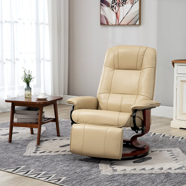English Elm HOMCOM Cream White Faux Leather Manual Recliner with 145° Recline, Swivel Wood Base & Footrest Comfort W2225P173863
