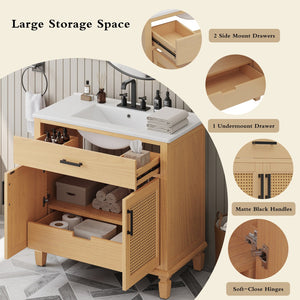 English Elm Christopher Knight Home® - 36" Rattan Bathroom Vanity with Ceramic Sink and Soft-Close Drawers, Handwoven Door Texture, Solid Wood Legs, Spacious Storage Elegance Natural N817P271077N