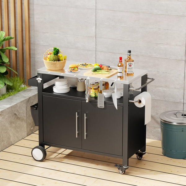English Elm Two Door Outdoor Grill Cart with Stainless Steel Top Spice Rack and Locking Wheels W3190P271566