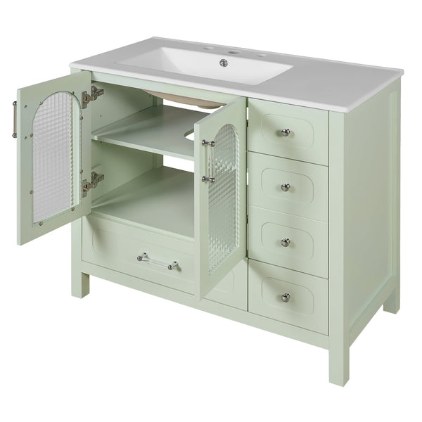 English Elm 36" Green Bathroom Vanity with Waffle Texture Doors, 4 Drawers, Glass Panels, Soft-Closing, Modern Storage N710P280025C