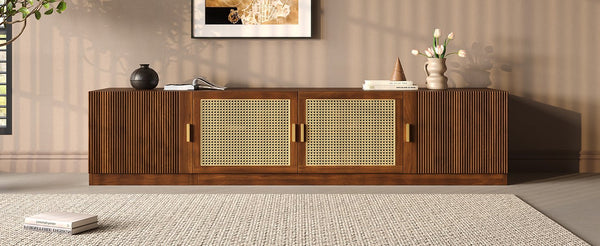 English Elm 78" TV Stand for TVs up to 85" — Walnut Media Console with Rattan Doors, Fluted Fronts & Adjustable Shelves N710P362196P