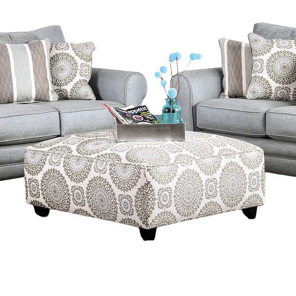 English Elm Square Upholstery Ottoman in Blue Chenille Patterned Fabric — Plush Extra Seating, Stylish Accent Ivory 38 L x 38 W x 12 H B2741P356316