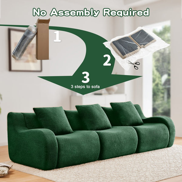 English Elm Boneless Sofa: Luxurious 3-Seat Teddy Fabric, Non-Slip Design, No Assembly, Curved Armrests, Green Comfort W714S01439
