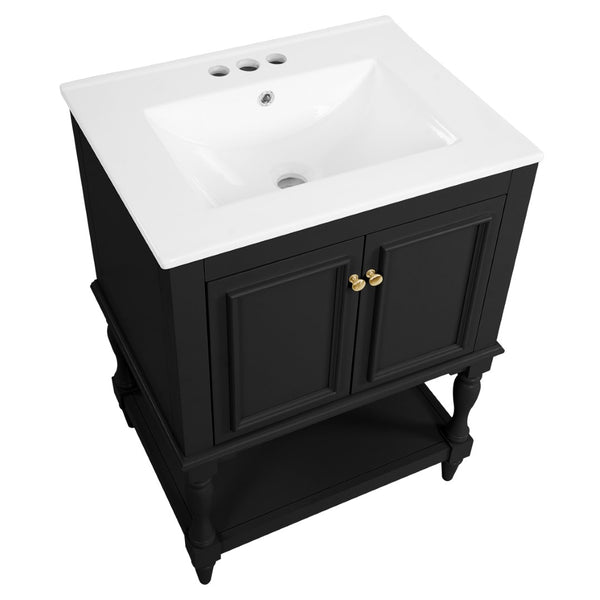 English Elm 24'' French Style Bathroom Vanity with Ceramic Sink Soft Close Cabinet and Drawer Black N710P411341B