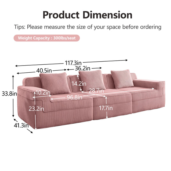 English Elm Modular 3-Seat Boneless Sofa - Cloud-Like Comfort, Soft Pink Corduroy, Modern Design With Pillows W3041S00338