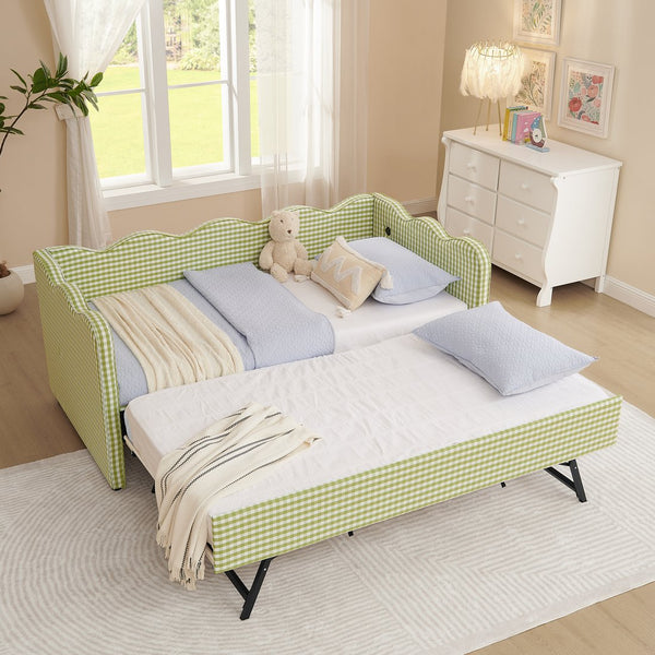 English Elm Cozy Twin Gingham Daybed with Trundle Sofa Bed, Linen Upholstery, USB Port, Wave Frame Design Green W1413S00100