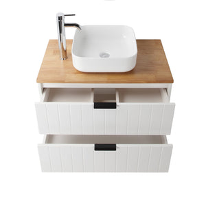 English Elm 32-Inch Wall-Mounted Bathroom Vanity: Modern White Cabinet, Solid Wood Top, Double Drawer Storage W3151S00012