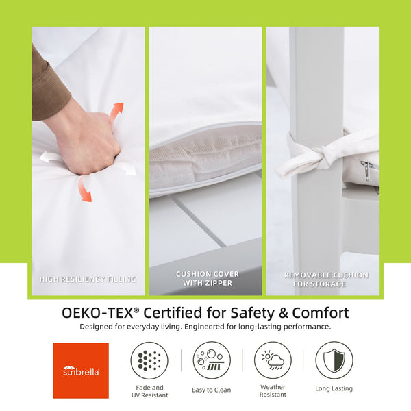 English Elm 6PC Patio Dining Set with Sunbrella Cushions, Aluminum Wood-Style Frame, Bench & 4 Chairs, Rust-Free Elegance W1886S00005