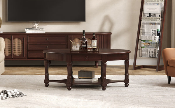 English Elm Vintage Oval Coffee Table With Drawer And Open Shelves, French Country Style Accent Table In Walnut N735P277388D-GIGA