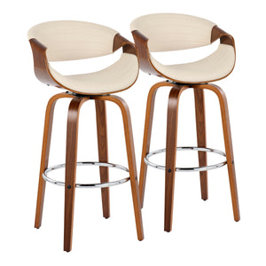 English Elm Symphony Mid-Century 30" Fixed-Height Swivel Barstool Pair with Tufted Faux Leather & Footrest Cream B202S00649