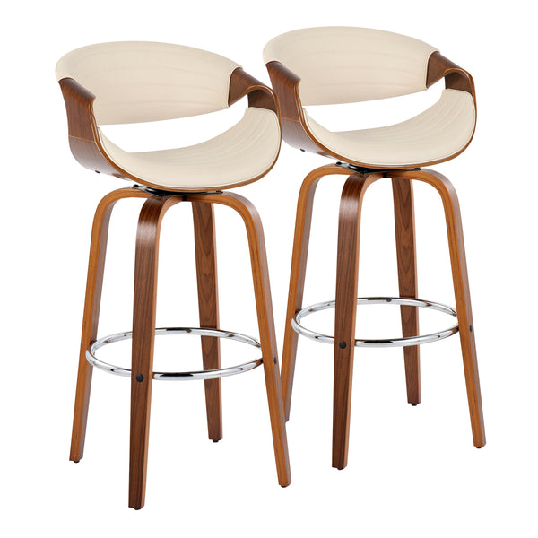 English Elm Symphony Mid-Century 30" Fixed-Height Swivel Barstool Pair with Tufted Faux Leather & Footrest Cream B202S00649