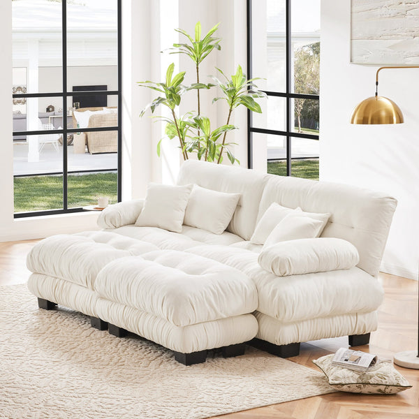 English Elm Cloud Chenille 2-Seater Sofa - Plush Sleeper Couch With Lumbar & Throw Pillows, 2 Ottomans Included W714S01000