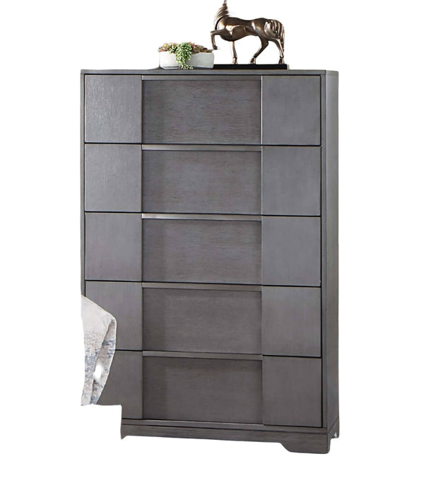 English Elm Gray 5-Drawer Contemporary Chest 33"W x 51"H – Recessed Nickel Finger Pulls, Felt-Lined Top Drawer, Ball-Bearing Glides B2741P369383