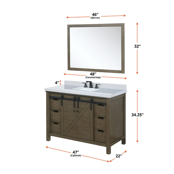 English Elm Rustic Brown Bath Vanity 48" W x 22" D with Scratch-Resistant Marble Top, Matte Black Faucet, Mirror B2731S01341