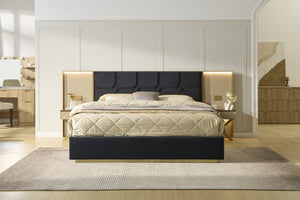 English Elm Luxurious King Velvet Platform Bed with Tufted Headboard Integrated Nightstands Led Lamps W1793S00038