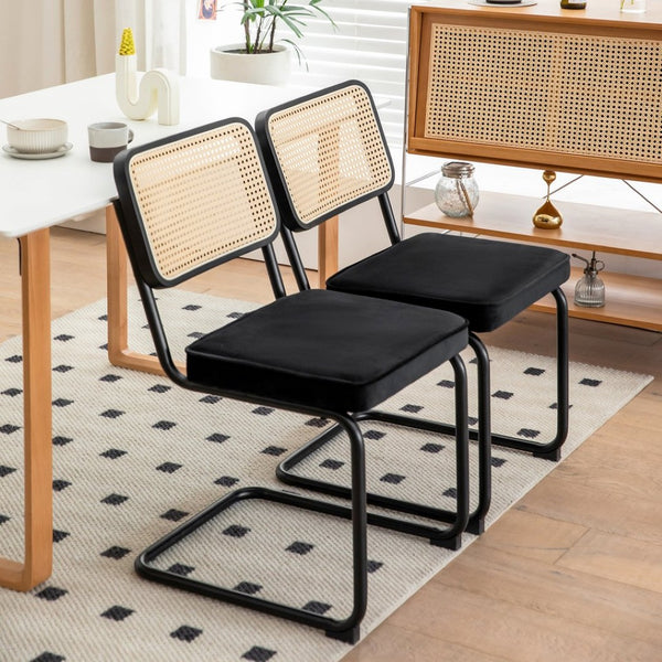 English Elm Dining Chairs Set of 4 Velvet Seat Woven Rattan Back Chrome Cantilever Frame W2105S00004