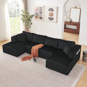 English Elm 132" U-shaped Modular Corduroy Sectional with Deep Foam Cushions for Living Room Black W5802S00001