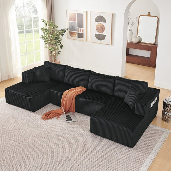 English Elm 132" U-shaped Modular Corduroy Sectional with Deep Foam Cushions for Living Room Black W5802S00001